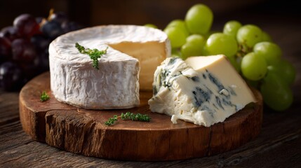 Delicious Gourmet Cheese Selection with Fresh Grapes on Rustic Wooden Board Ideal for Charcuterie and Wine Pairing Celebrations or Events