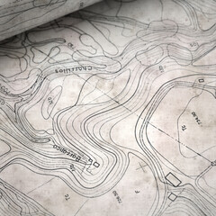 textured stylish old paper background, square,  with Topographic maps on tracing paper rolled up into a tube