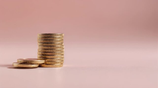A stack of metallic coins next to two individual coins on a soft, peach background, signifying wealth or savings