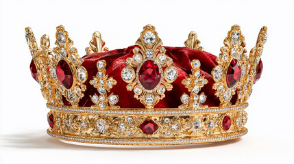 3D rendering of a gold crown with red velvet on a white background