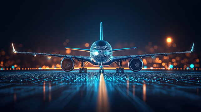 A futuristic illustration of an airplane about to take off on an airport runway at night.