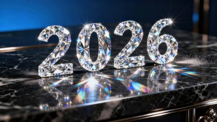 Shiny diamond numerals representing the year two thousand twenty six rest upon a polished dark surface