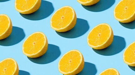 Fototapeta premium Vibrant orange slices with shadows on a cheerful blue background repeat.