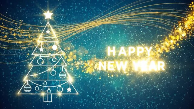 Happy New Year message with glowing light rays and animated Christmas tree outline motion graphic background