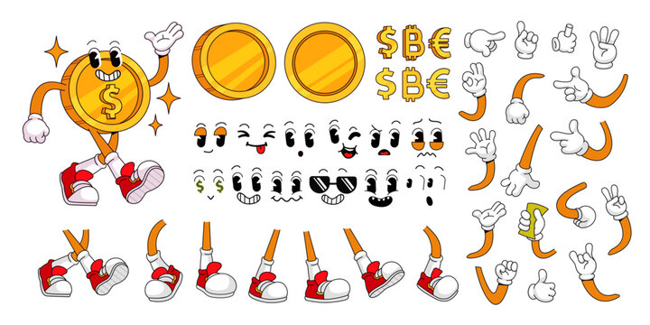 Retro cartoon golden coin character constructor kit with faces, hands in gloves gestures and legs poses. Cool bank finance money mascot logo, groovy vector set