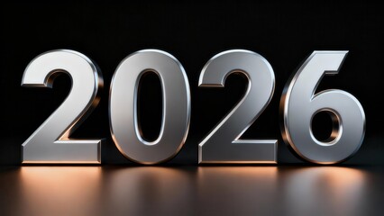 Shiny metallic three dimensional numerals display the upcoming year two thousand twenty six against a dark background