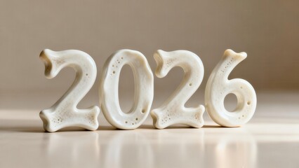 Sculpted numerical representation of the year two thousand twenty six rests on a reflective surface