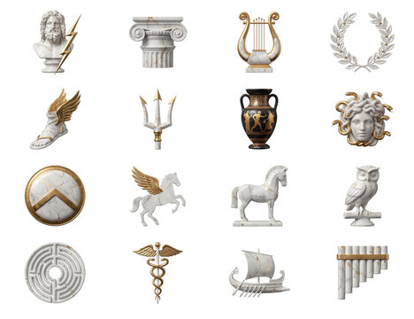 Collection of ancient Greek mythology symbols and marble artifacts with gold accents