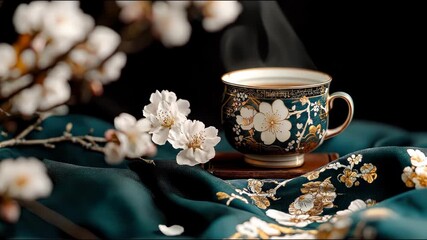 A steaming cup of tea in an ornate floral mug sits on a small wooden tray, surrounded by white flowers and teal silk - Powered by Adobe