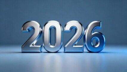 Shiny metallic digits displaying the year twenty twenty six against a cool blue background