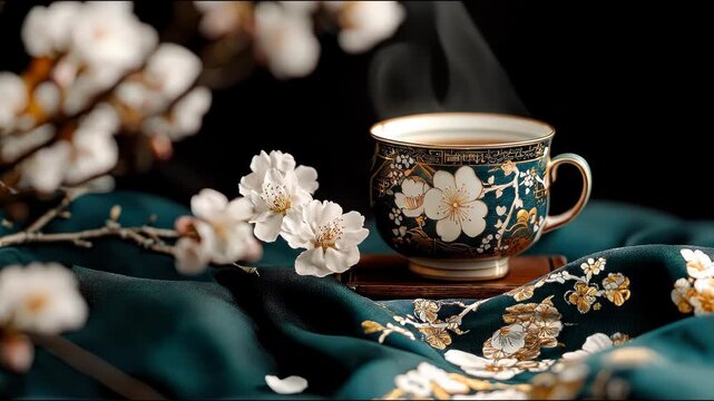 A steaming cup of tea in an ornate floral mug sits on a small wooden tray, surrounded by white flowers and teal silk