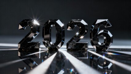Three dimensional numerals representing the year two thousand twenty six emerge from darkness with brilliant reflections