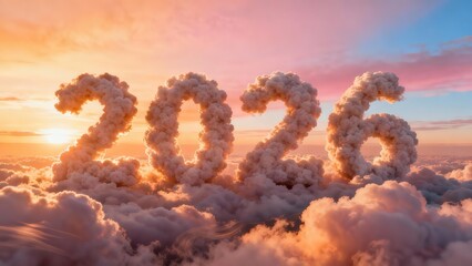 Year designation formed by voluminous smoke trails ascending above a layer of soft clouds during sunset