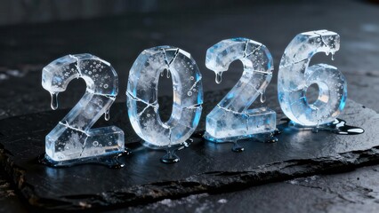 Four transparent ice numbers signifying the year twenty twenty six are melting upon a dark slate surface