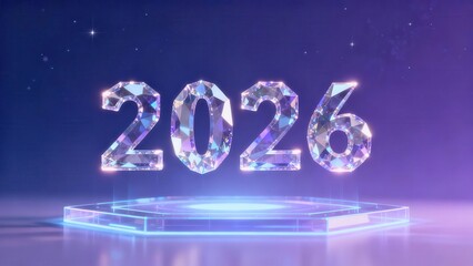 Crystalline numerals representing the year two thousand twenty six hover above an illuminated platform against a dark blue and purple background