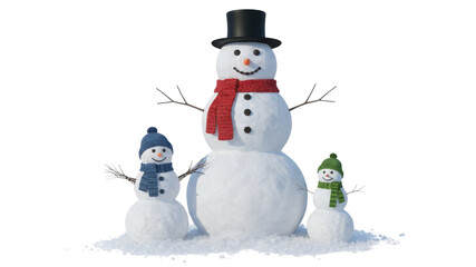 Obraz premium Three Happy Snowmen Family with Colorful Hats and Scarves Isolated on White Background