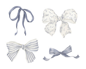 Watercolor set with cute hand painting bows blue and white colors, collection of decorative accessories, delicate print for your cards, frames or posters.