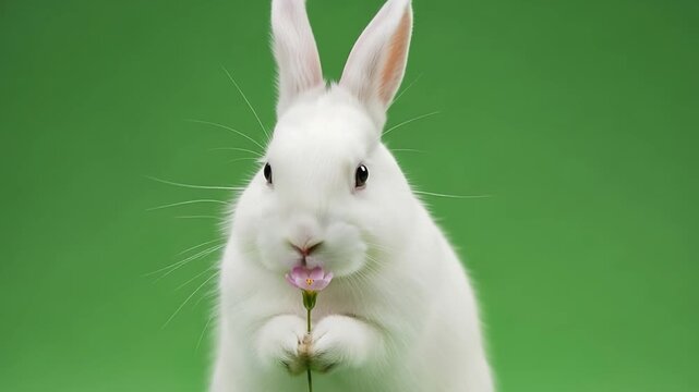 Charming white bunny holding pink flower against vibrant green studio backdrop ideal for spring.