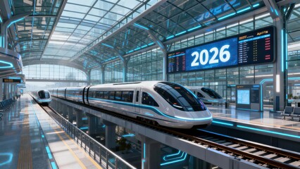 Modern high speed electric trains await passengers inside a bright futuristic transportation terminal