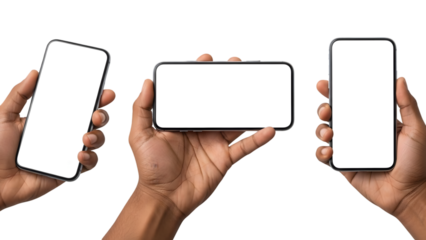 Hand holding a blank-screen mobile device, like a smartphone or tablet computer, for business communication and digital technology