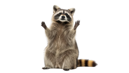 Cute funny raccoon standing on hind legs with paws raised looking at camera isolated PNG with Transparent Background
