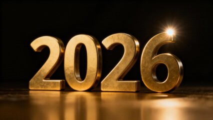 Three dimensional golden numerals prominently display the year twenty twenty six against a dark background