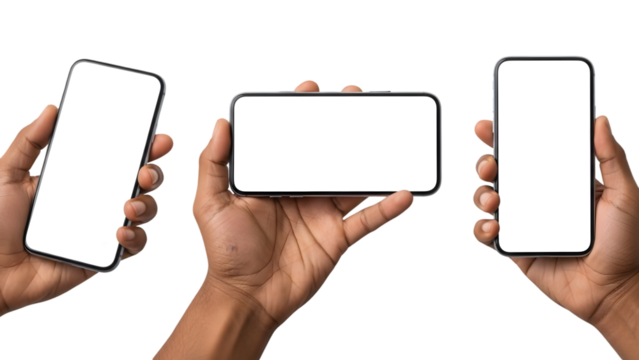 Hand holding a blank-screen mobile device, like a smartphone or tablet computer, for business communication and digital technology - Powered by Adobe