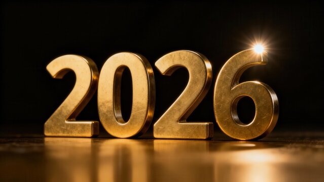 Three dimensional golden numerals prominently display the year twenty twenty six against a dark background