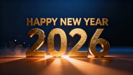 Glistening golden numerals represent the commencement of the year twenty twenty six with a congratulatory message