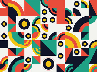 Vibrant geometric shapes and patterns in a colorful abstract design featuring circles, triangles, and squares in a dynamic composition