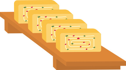 Japanese Rolled Omelette with on Long Wooden Board Flat Illustration. Tamagoyaki Clean Icon Design Element on Isolated White Background