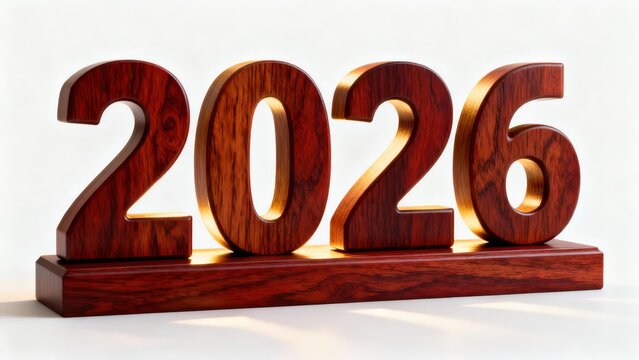 Wooden desk ornament prominently displays the numerical sequence two thousand twenty-six
