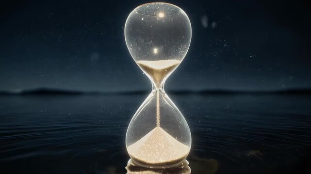 Hourglass filled with sand is standing on a reflective dark water surface beneath a starry night sky