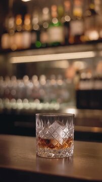 Crystal glass of whiskey on the rocks on a bar top. Suitable for beveragerelated designs like menus, advertisements, and social media.
