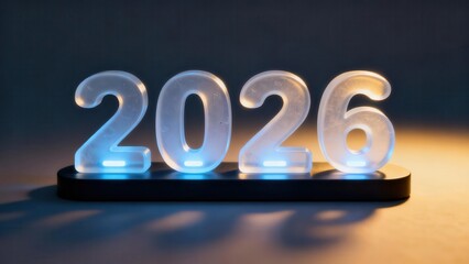 Glowing translucent digits display the year two thousand twenty six illuminated on a dark base