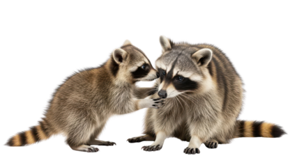 Baby raccoon touching the face of an adult raccoon isolated PNG with Transparent Background
