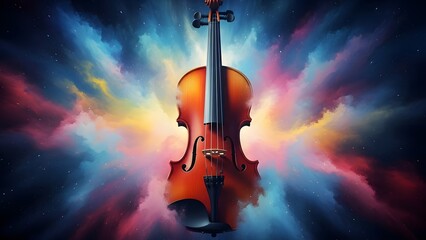 Obraz premium Violin floating in vibrant colorful nebula with stars musical instrument classical music