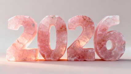 Illuminated numbers representing the year two thousand twenty-six carved from rough pink crystalline material