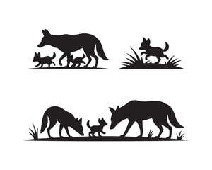 coyote standing on hill & desert, walking grass with pups, running Vector silhouette illustration design set collection, coyote silhouette, coyote standing silhouette, coyote on hill vector, desert,