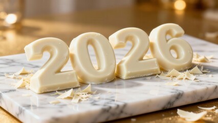 Creamy confectionary numerals display the forthcoming calendar year upon a polished stone surface