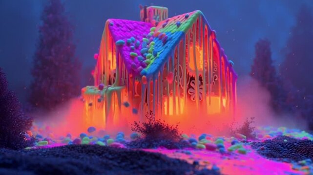 Vivid Cinematic View of a Slowly Melting Gingerbread House Illuminated by Vibrant Neon Colors, Dripping Sugary Details, Glowing Candy Accents and Dreamlike Fantasy Atmosphere Full of Whimsy and Magic