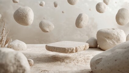 Abstract composition with floating stones and a podium for product presentation minimalist style light environment