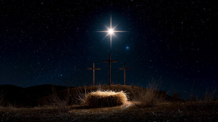 A beautiful, bright star shines in the sky over an empty manger