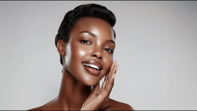 Beautiful woman with glowing dark skin and radiant complexion touching her face, skincare and beauty concept on gray background