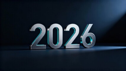 Three dimensional metallic digits displaying the year twenty twenty six stand prominently against a dark background