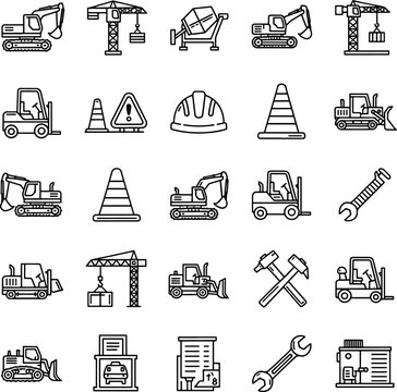 Construction industry icons set excavators cranes concrete mixers forklifts and tools vector illustrations