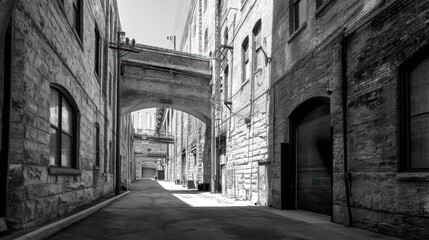 A narrow alleyway between historic brick buildings is captured in black and white, showcasing the architectural details and creating a dramatic, urban scene.