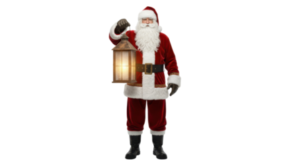Full length Santa Claus character holding a glowing vintage lantern, isolated on a white background