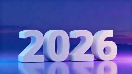 Three dimensional numerals representing the year twenty twenty six illuminated against a twilight background