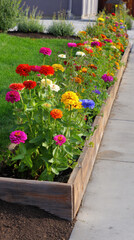 row of blooming zinnias in red, pink, yellow, orange, white, and purple hues brightens a raised wooden flower bed beside a neatly kept sidewalk and lush green lawn